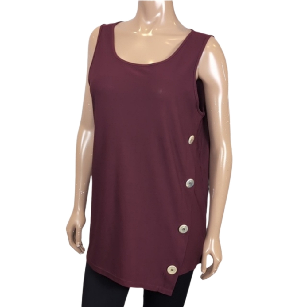 Lily Morgan Tunic Tank Top Burgundy Button Sleeveless Asymmetric Size Large